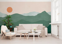 Layered green mountain silhouettes across the Green Peak Sunset wall mural