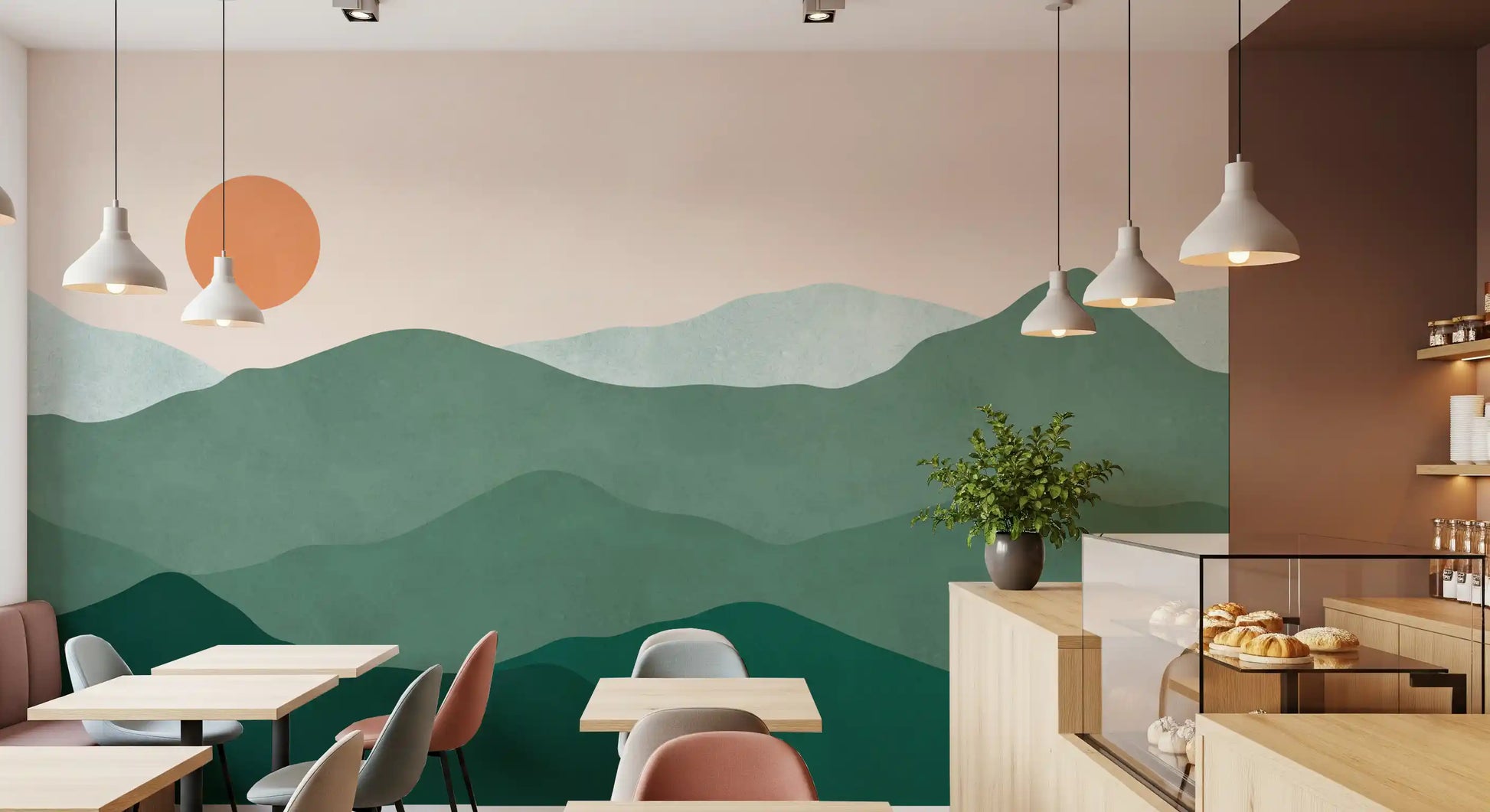 Café and restaurant  pairs neatly with the Green Peak Sunset wall mural
