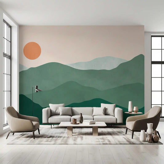 Living room feature with the Green Peak Sunset wall mural behind a seating zone