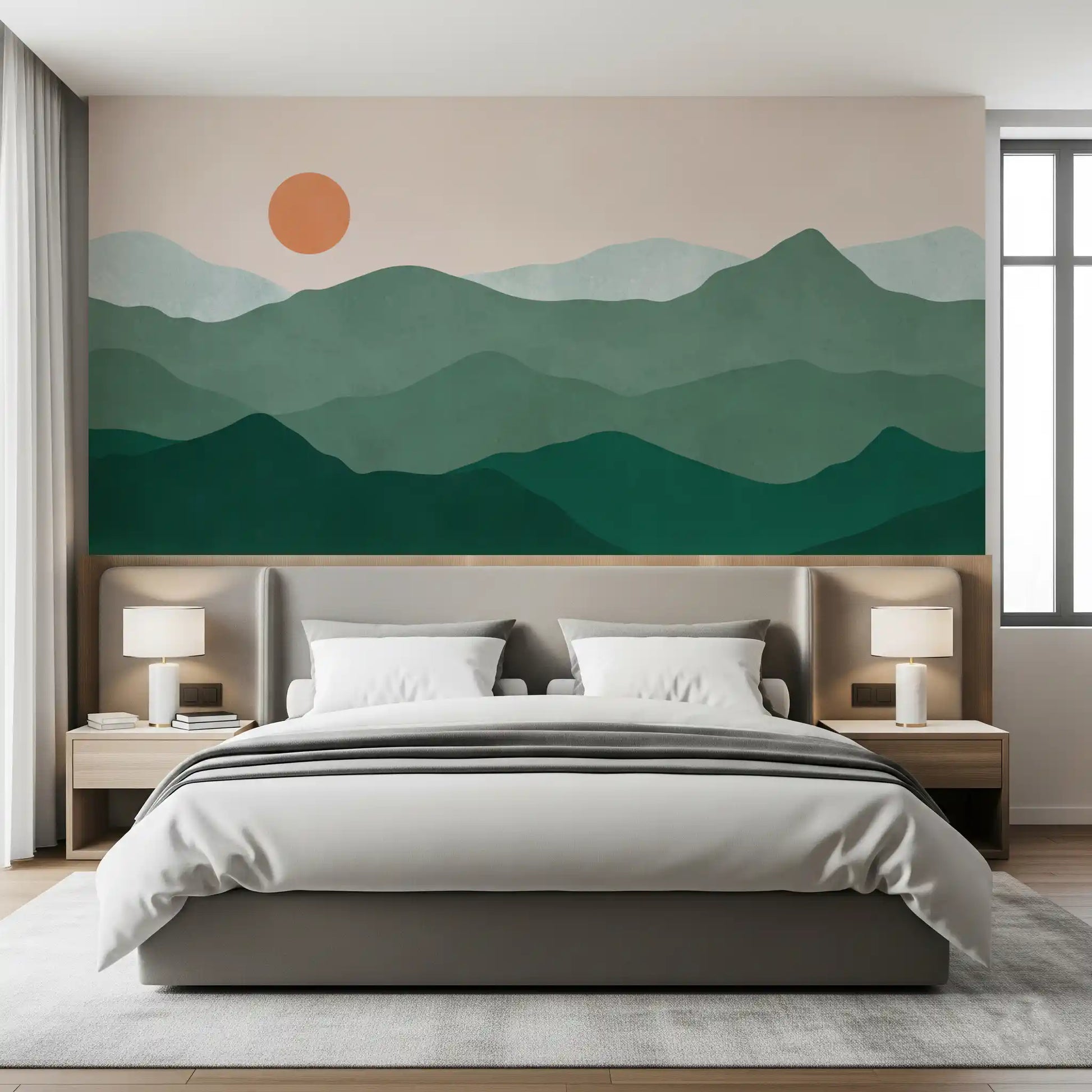 Pale cream sky meets dusty blue peaks in this Green Peak Sunset wall mural