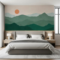 Pale cream sky meets dusty blue peaks in this Green Peak Sunset wall mural