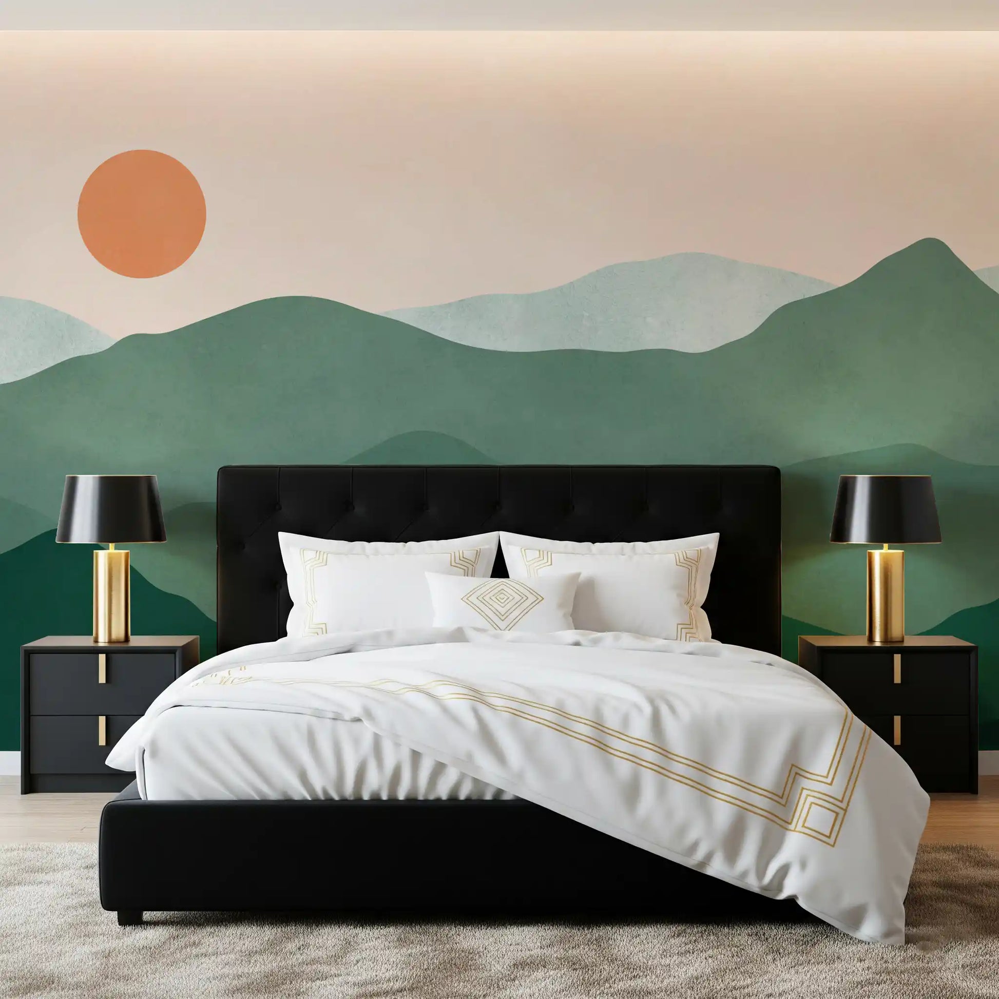 Warm orange sun glowing above sage ridges in the Green Peak Sunset wall mural