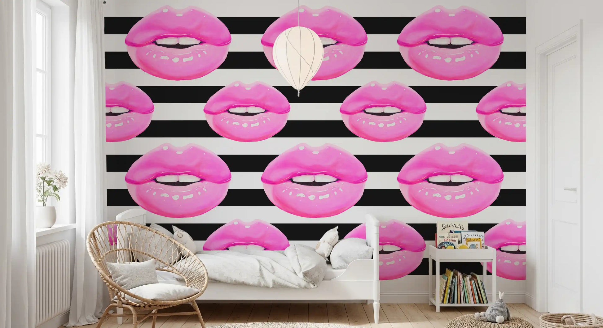 Bedroom turns playful in front of a Pop Kiss Stripes wall mural feature.