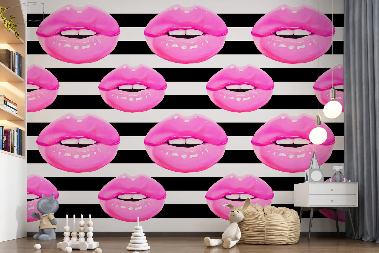 Nursery area  bold thanks to a Kiss Stripes wall mural in pink and black.