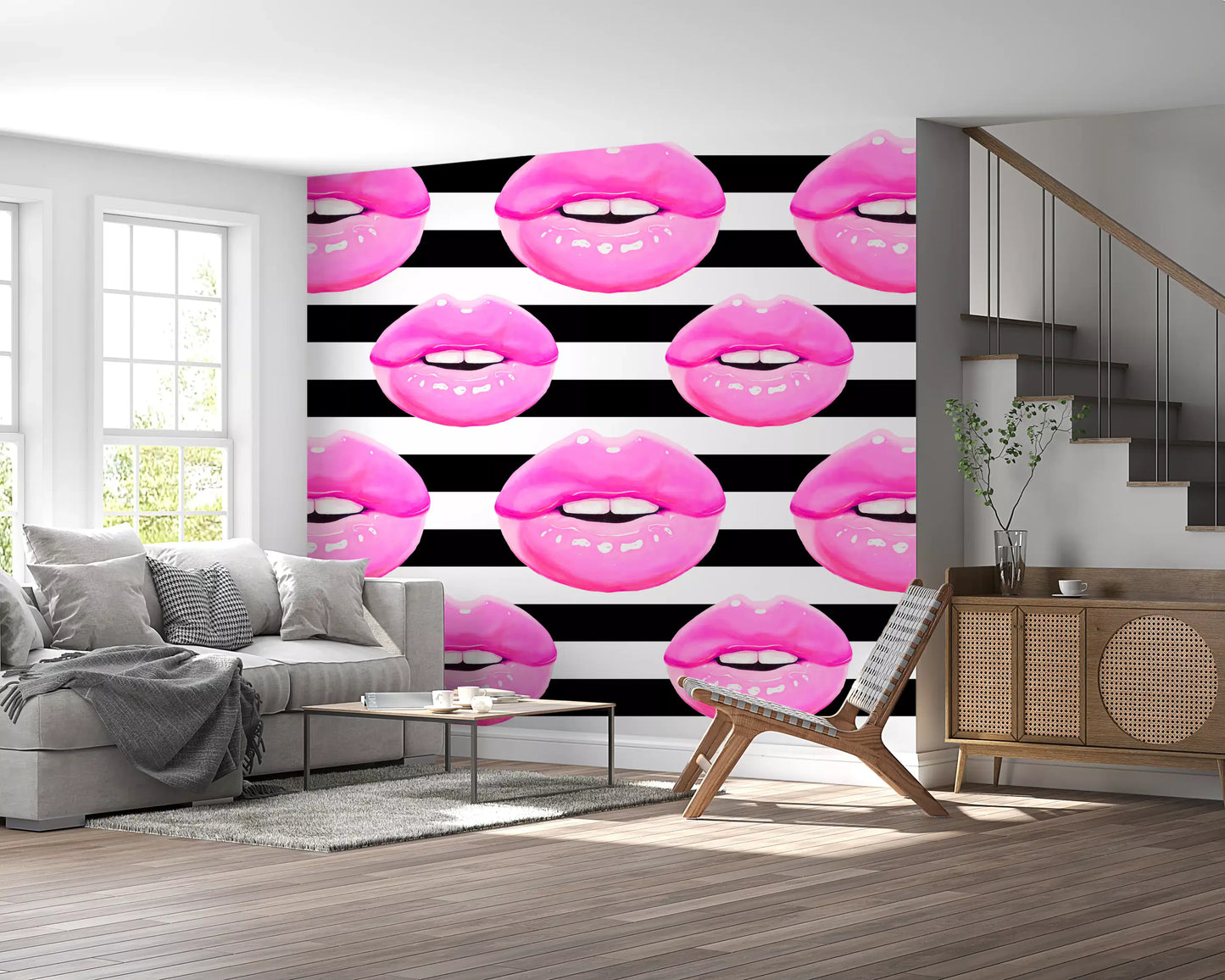 Bubblegum pink kisses pop on monochrome bands of the Pop Kiss Stripes wall mural.