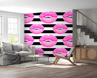 Bubblegum pink kisses pop on monochrome bands of the Pop Kiss Stripes wall mural.