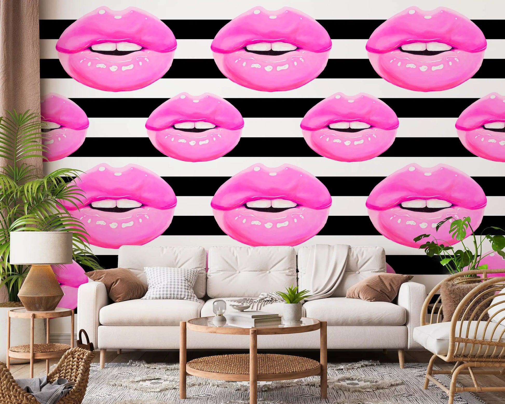 Living room  area gains punch through the Pop Kiss Stripes wall mural behind it.