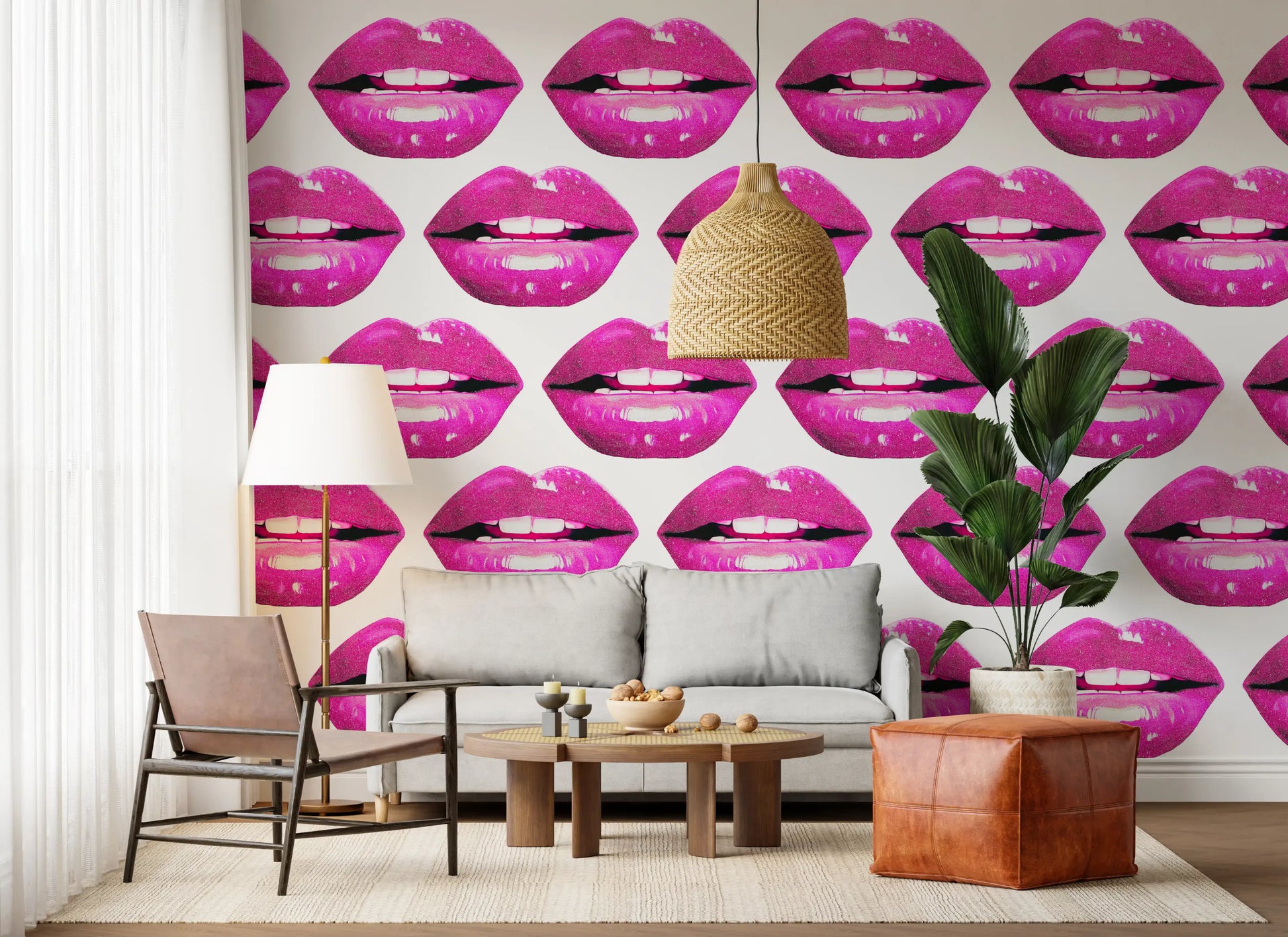 Pink Pout Pop wall mural showing glossy magenta lips in tidy repeat rows