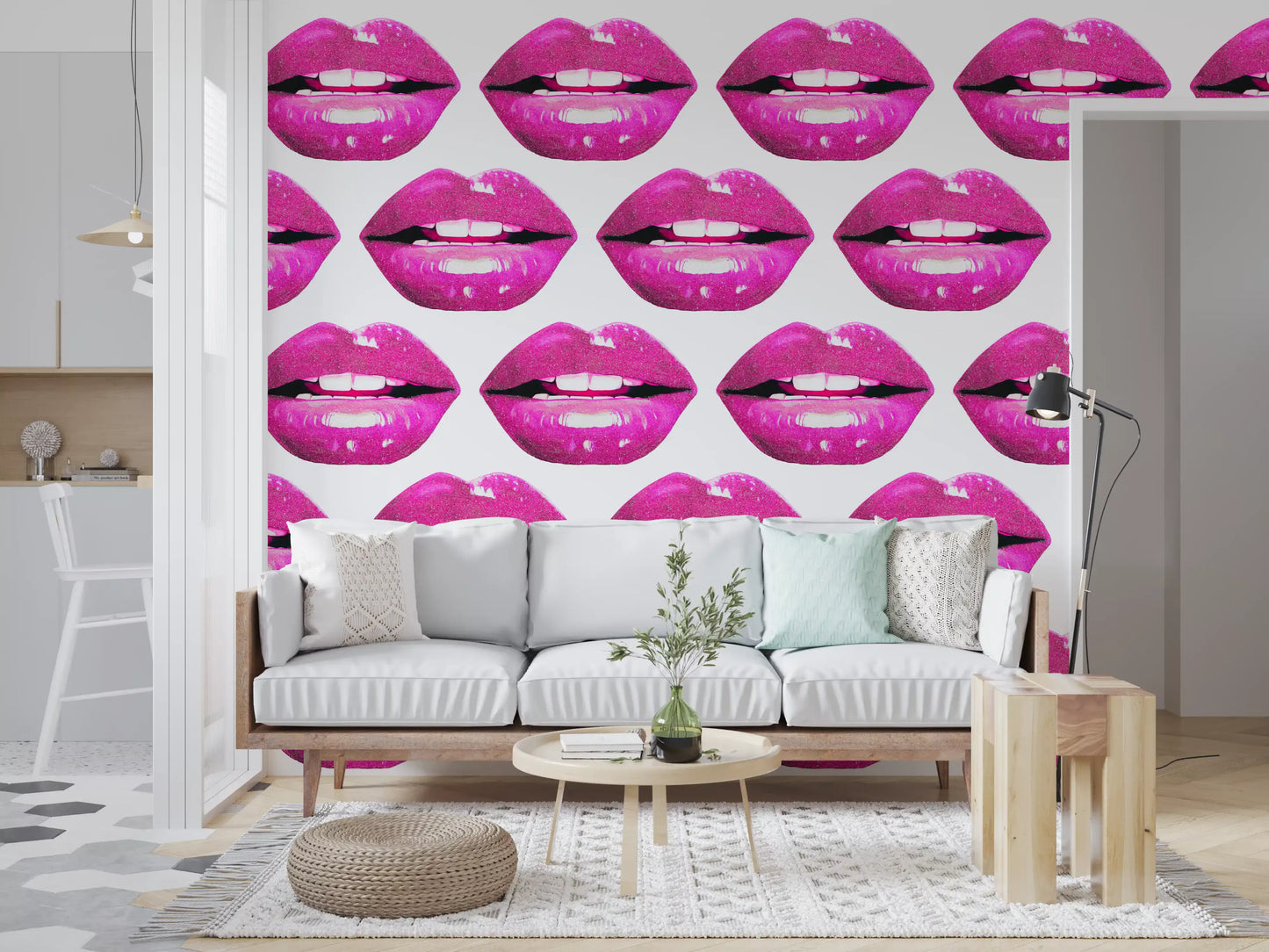 Pop-style lips give the Pink Pout Pop wall mural its punchy graphic rhythm
