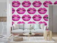 Pop-style lips give the Pink Pout Pop wall mural its punchy graphic rhythm