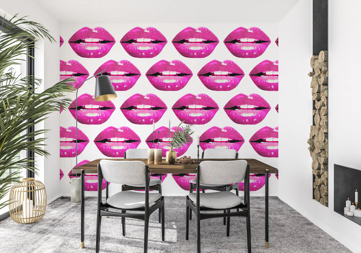 Vivid pink pout repeats on a clean white field across this Pink Pout wall mural