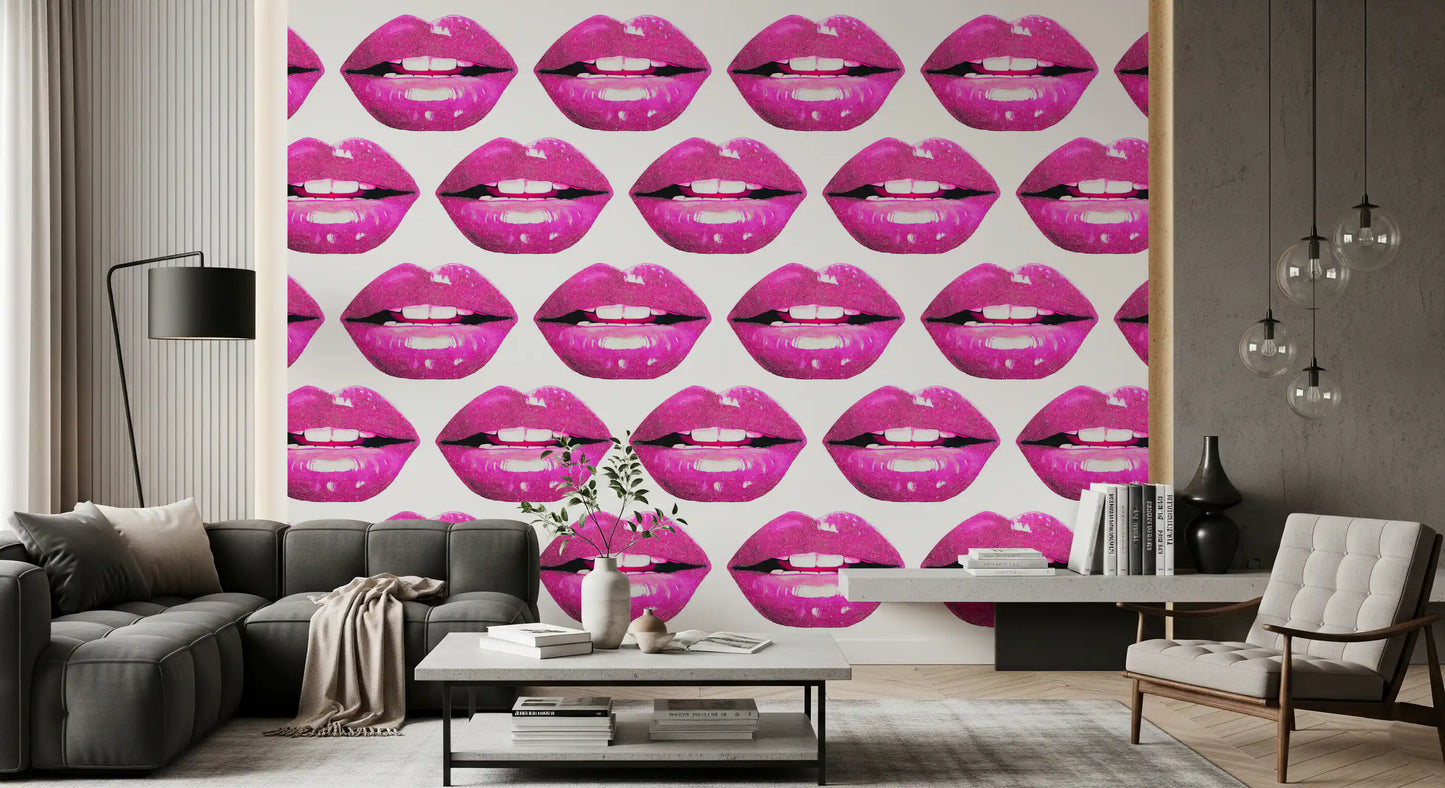In a lounge, the Pink Pout Pop wall mural lays out glossy fuchsia lip rows