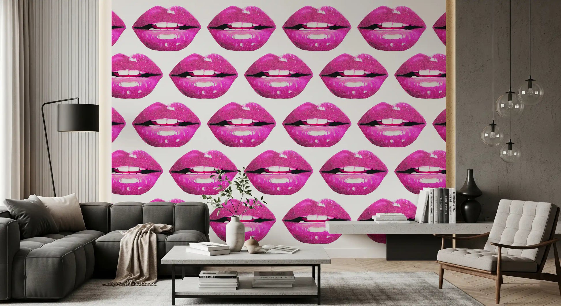 In a lounge, the Pink Pout Pop wall mural lays out glossy fuchsia lip rows