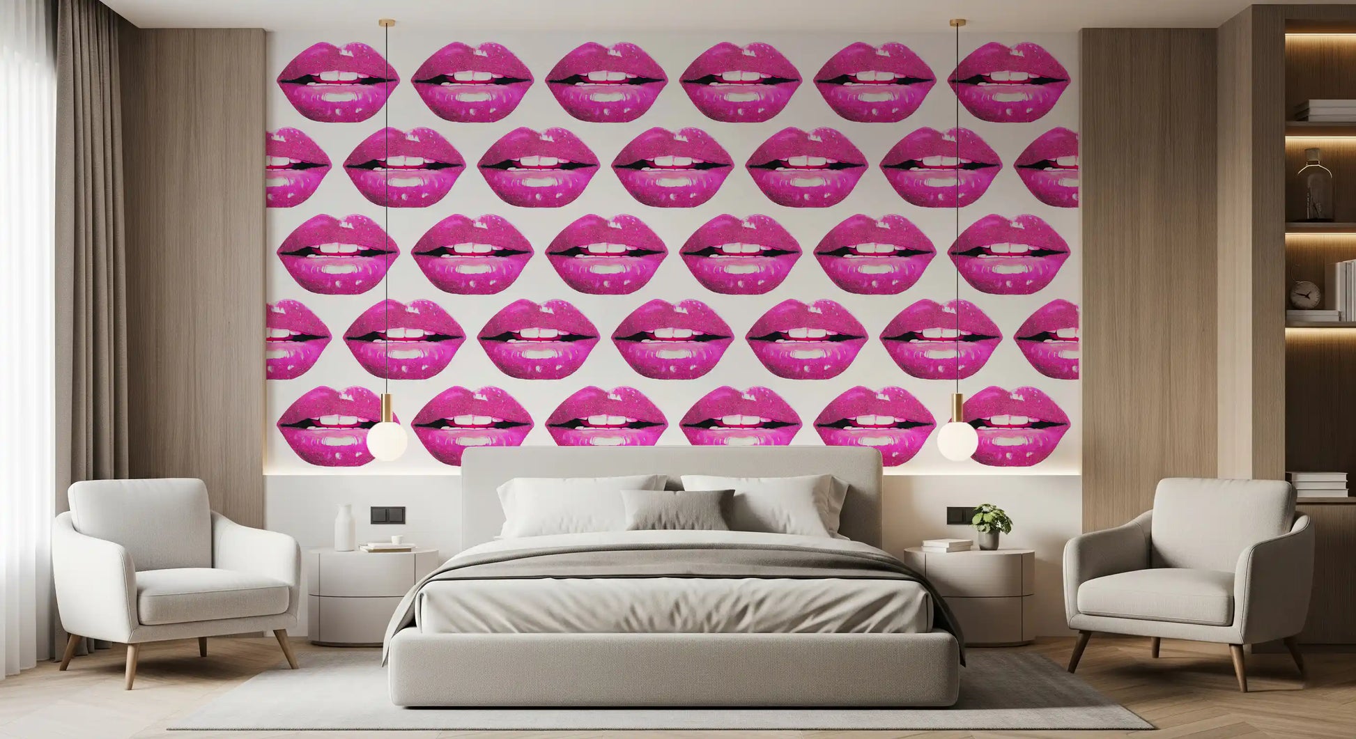 Guests at the Bedroom meet vivid magenta on this Pink Pout Pop wall mural