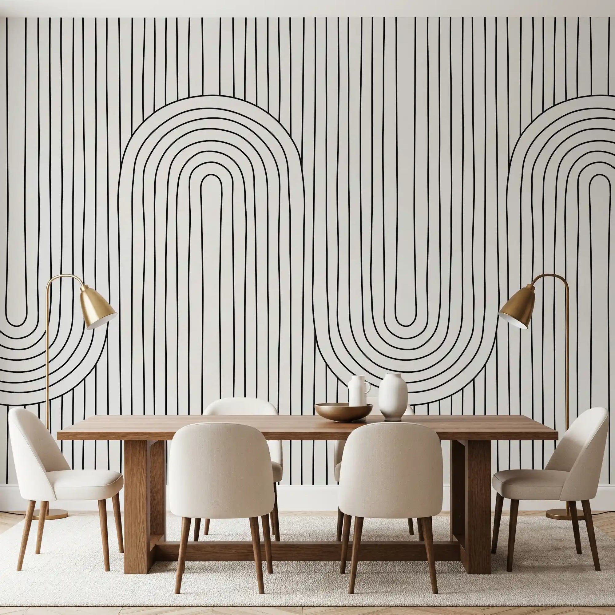 Dining room scheme paired with the Linear Rhythm Arches wall mural in monochrome.