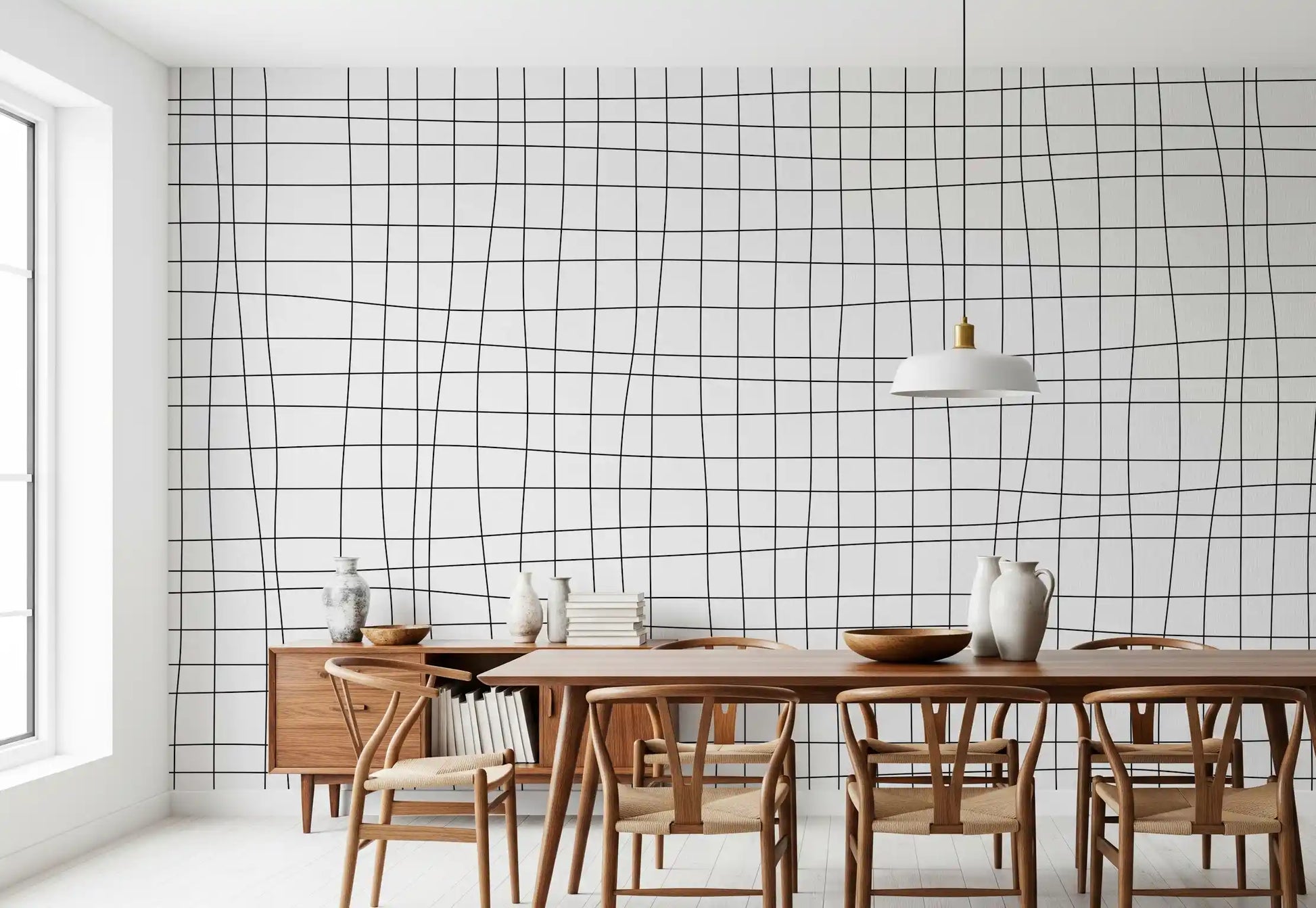 Minimal line wall mural with crossing grid lines and calm rhythm