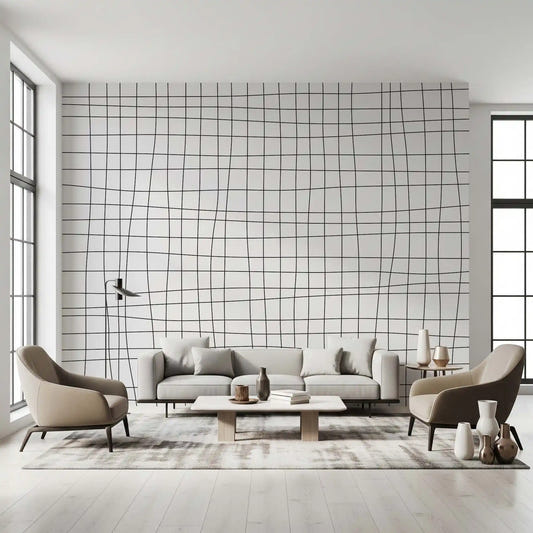 Living room Fluid Grid Pattern wall mural with fine black wavering lines