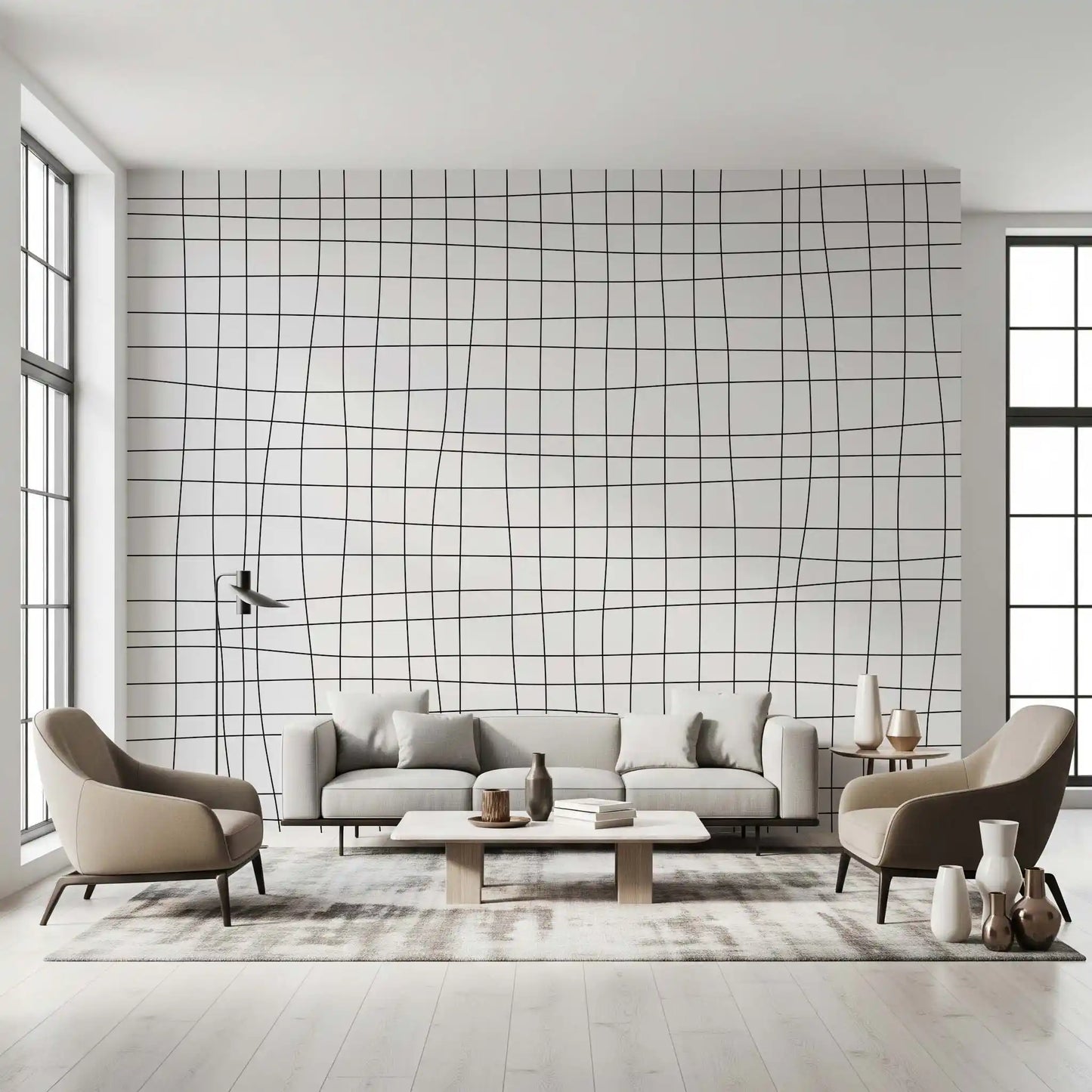 Living room Fluid Grid Pattern wall mural with fine black wavering lines