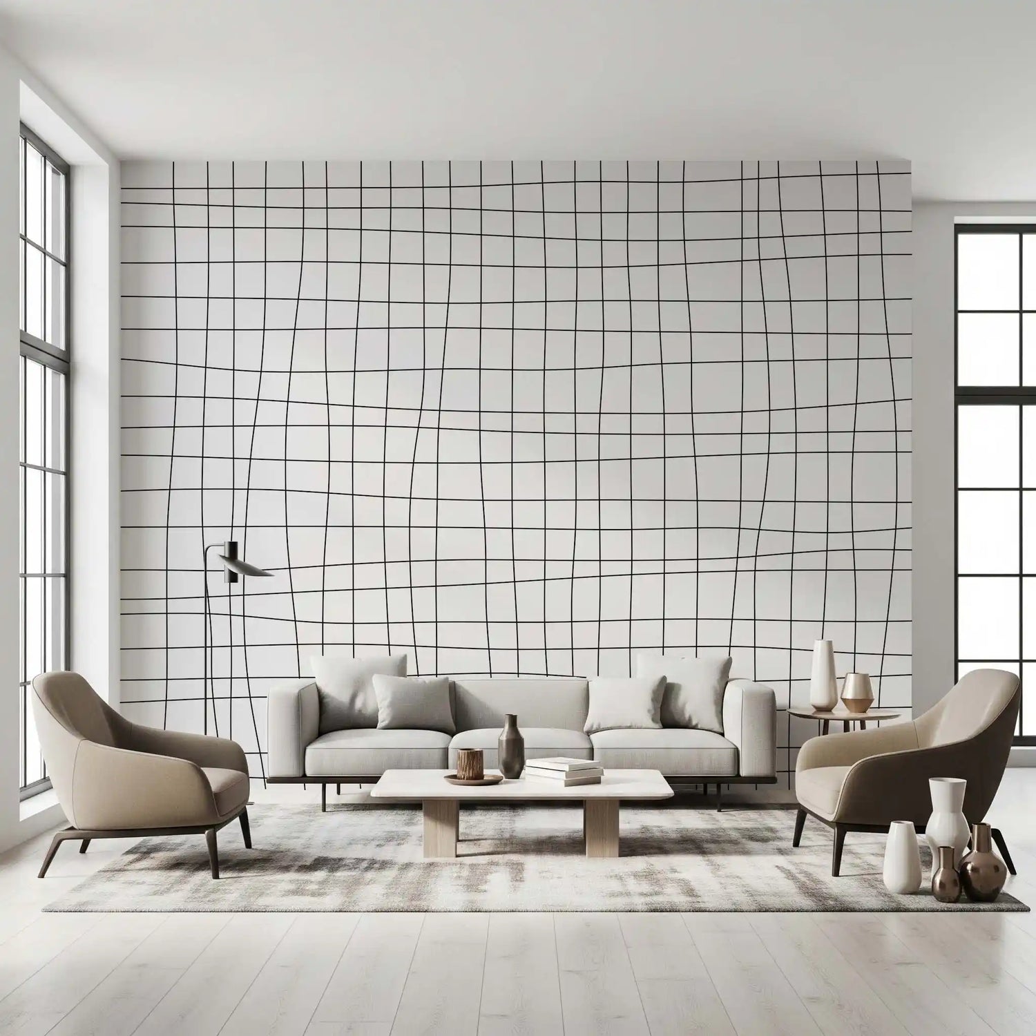 Living room Fluid Grid Pattern wall mural with fine black wavering lines