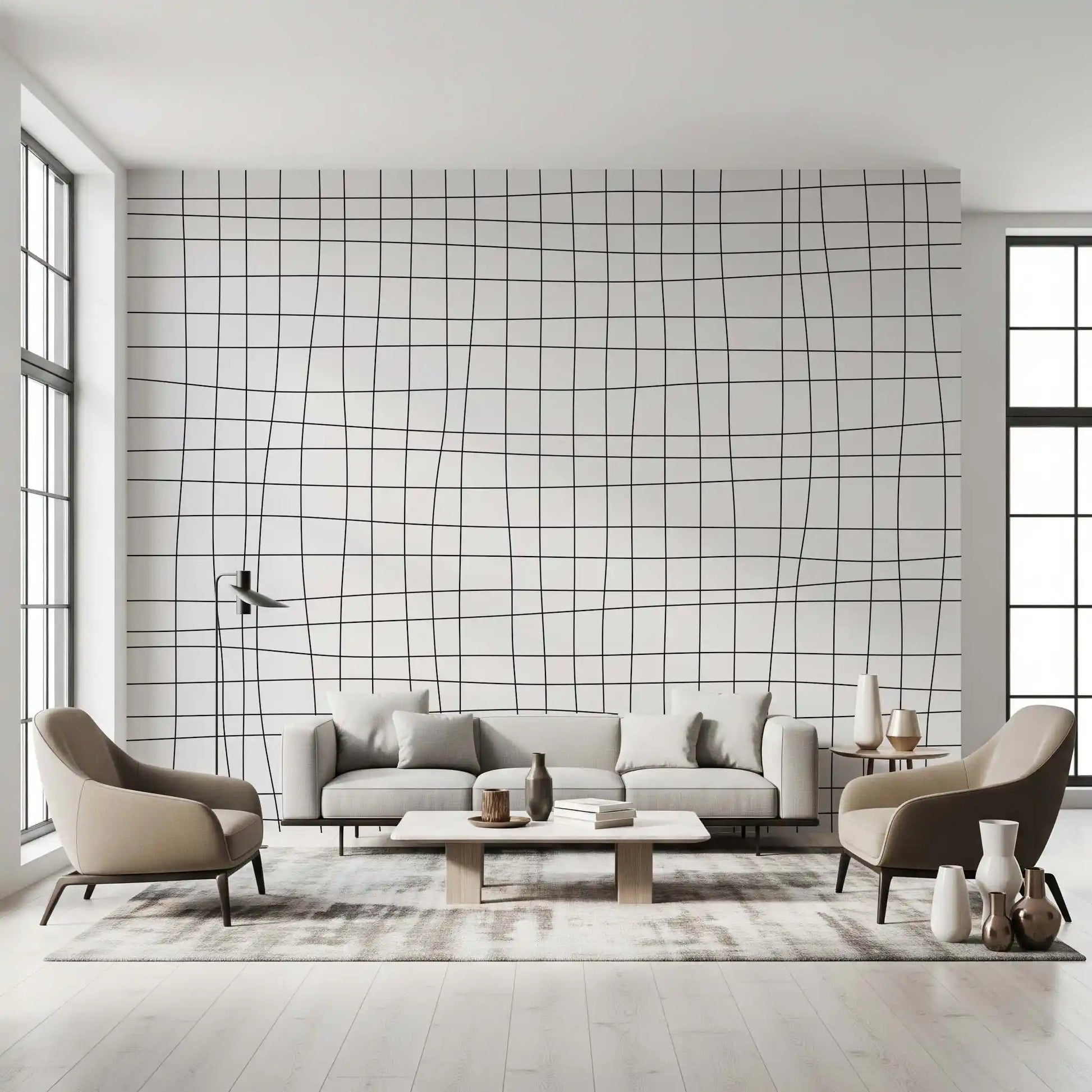 Living room Fluid Grid Pattern wall mural with fine black wavering lines