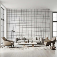 Living room Fluid Grid Pattern wall mural with fine black wavering lines