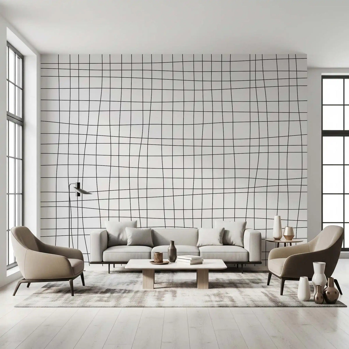 Living room Fluid Grid Pattern wall mural with fine black wavering lines
