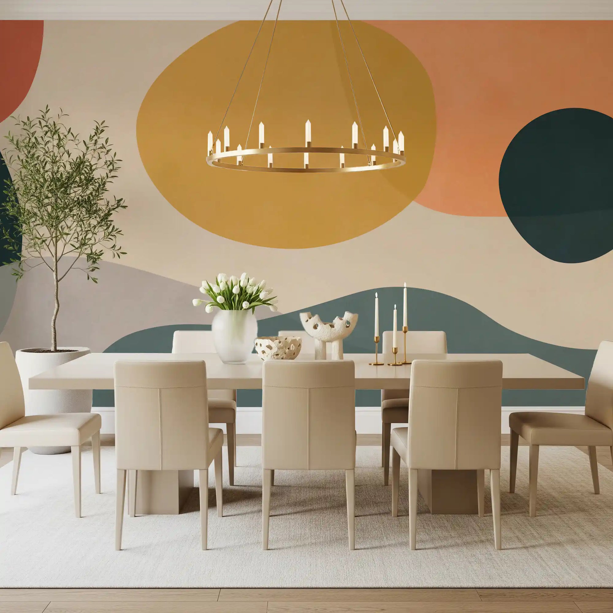 Dining room Abstract Earth Forms wall mural with peach and navy shapes