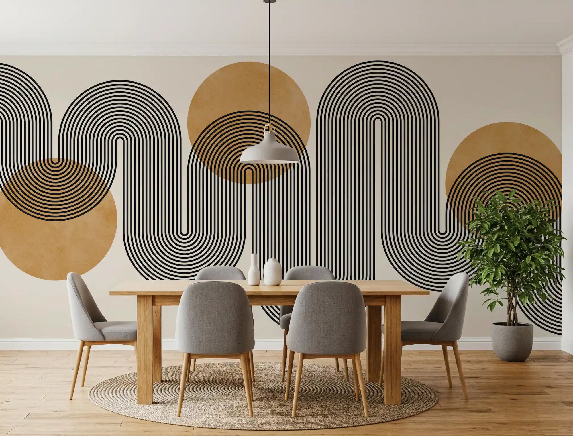 Dining room wall mural showing Golden Arches Flow in cream, black, and gold tones