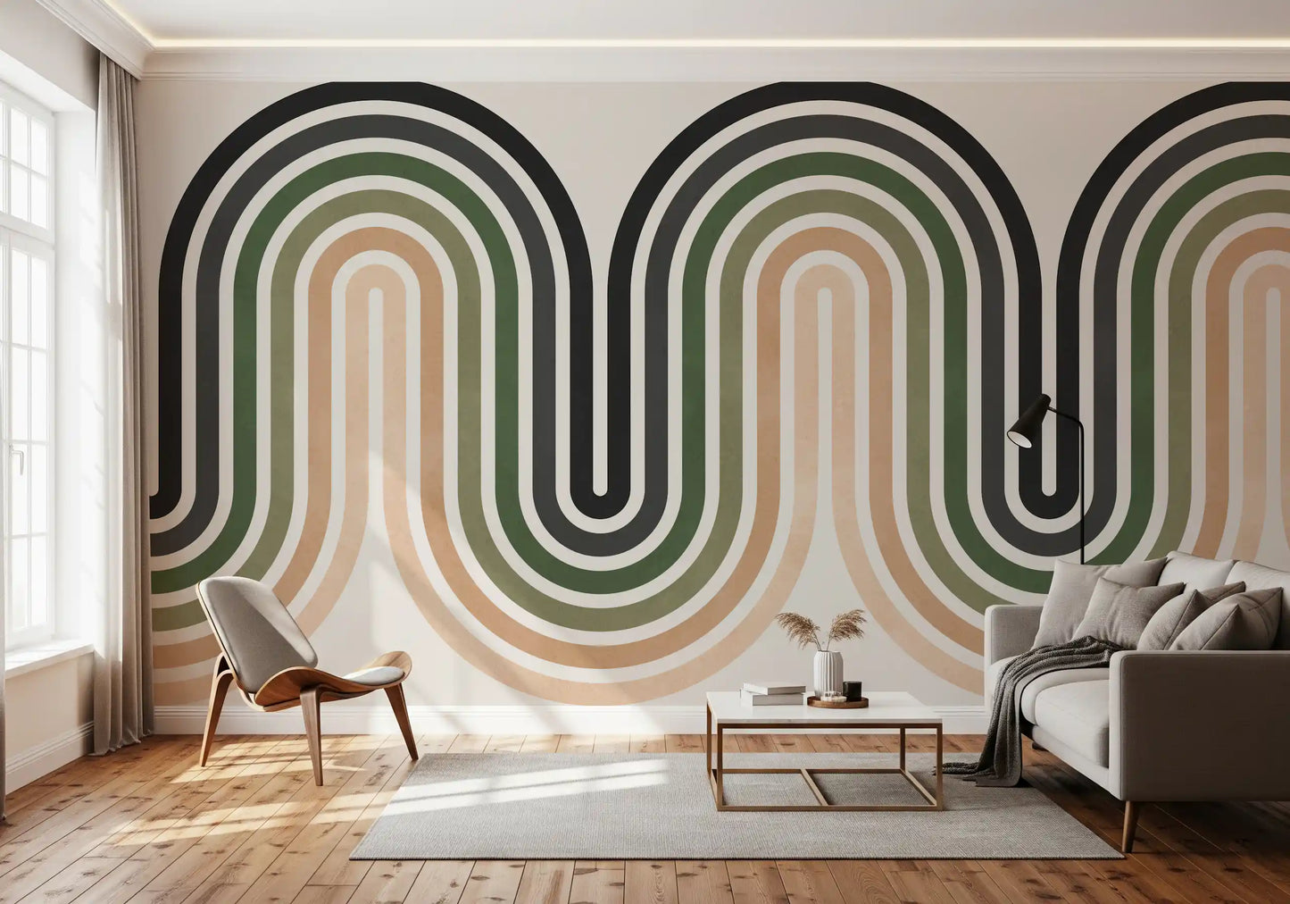 Retro stripe wall mural showing rounded curves and clean rhythmic movement