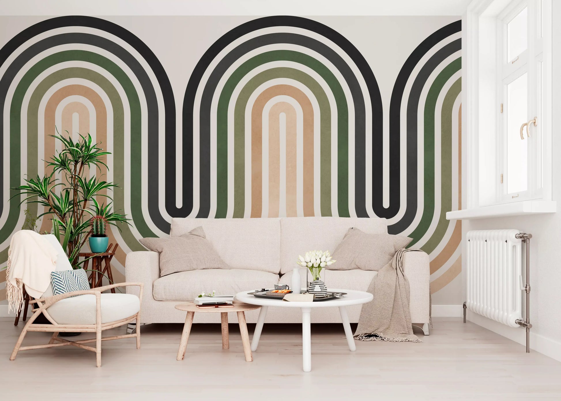 Wavy arch wall mural with earthy colour bands and smooth graphic structure