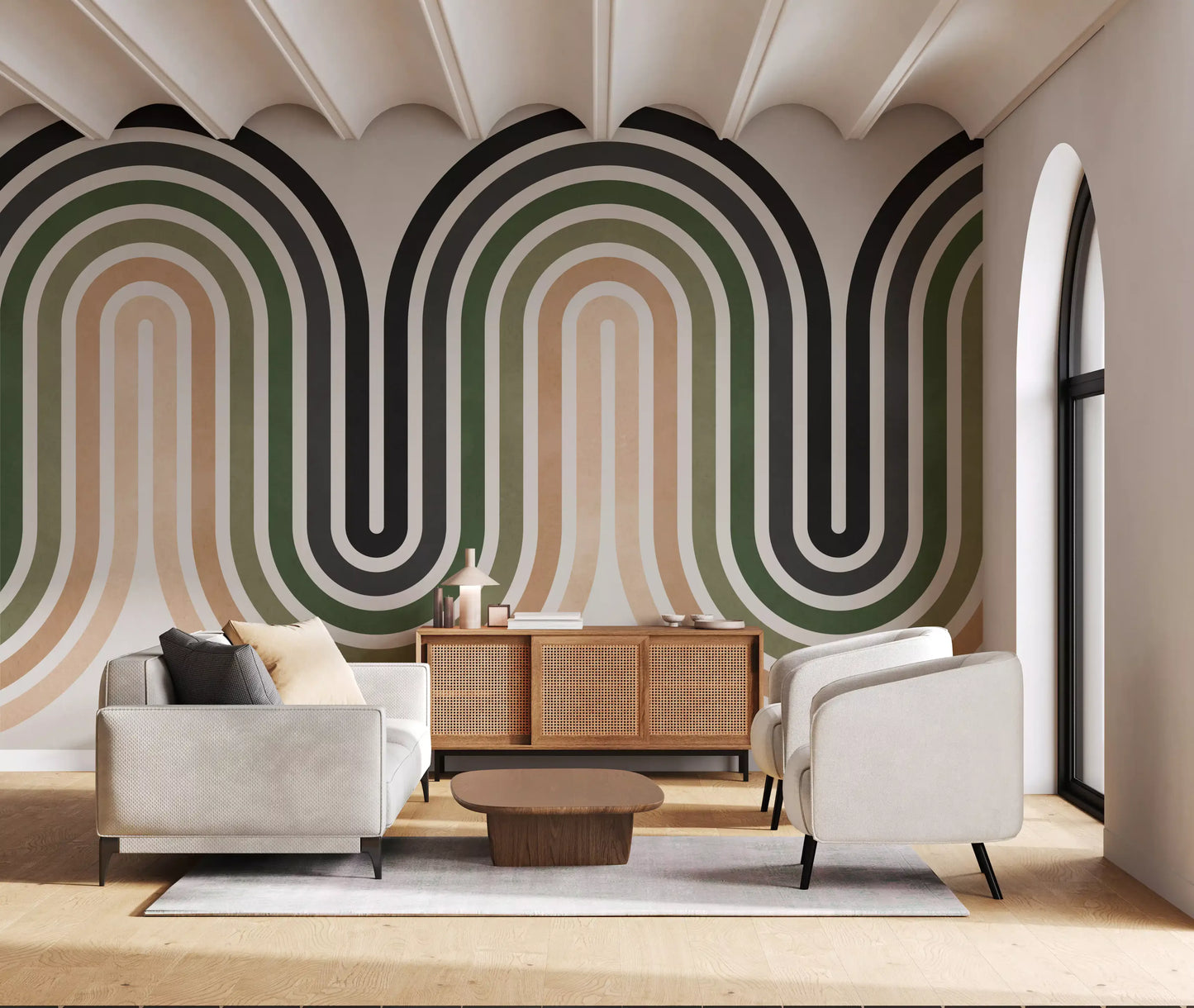 Organic Rhythm Curves wall mural with repeating arch stripes and soft contrast