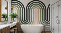Layered curve wall mural featuring dark outlines and muted green stripes