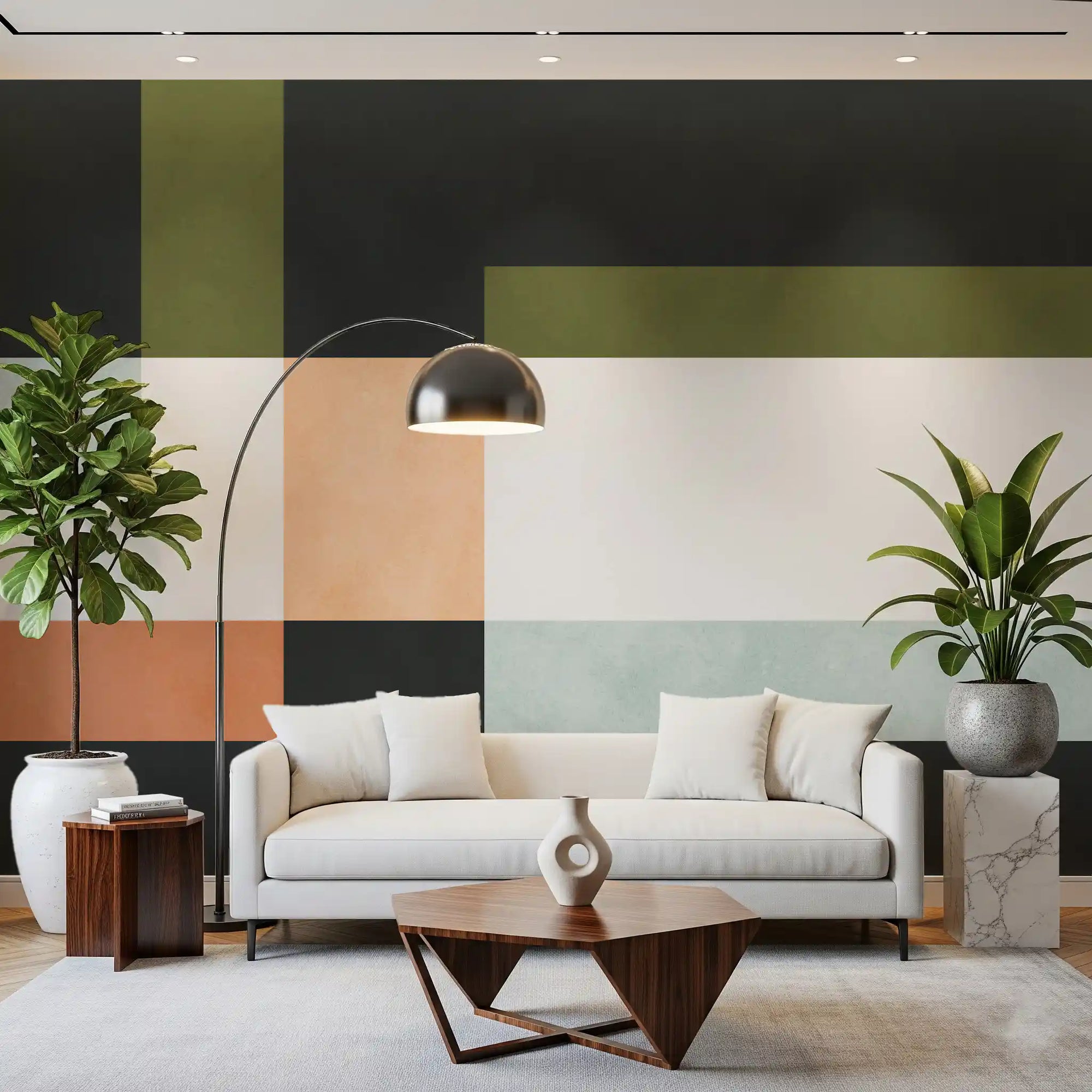 Office area wall mural with geometric layers in black, sage, and peach