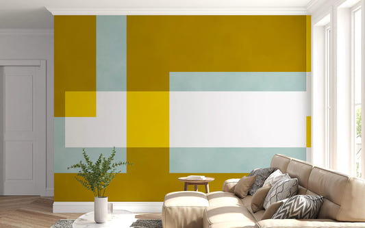 Living room Golden Overlap Abstract Wall Mural with yellow and blue blocks