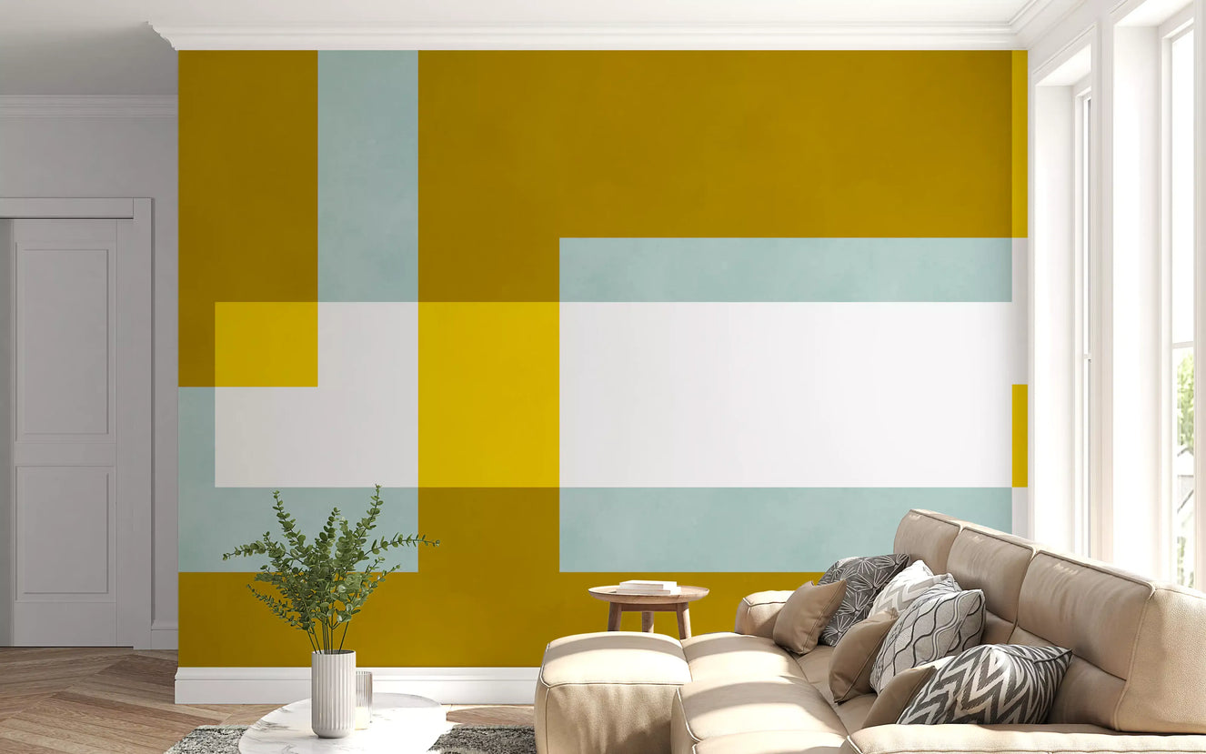 Living room Golden Overlap Abstract Wall Mural with yellow and blue blocks