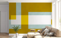 Living room Golden Overlap Abstract Wall Mural with yellow and blue blocks