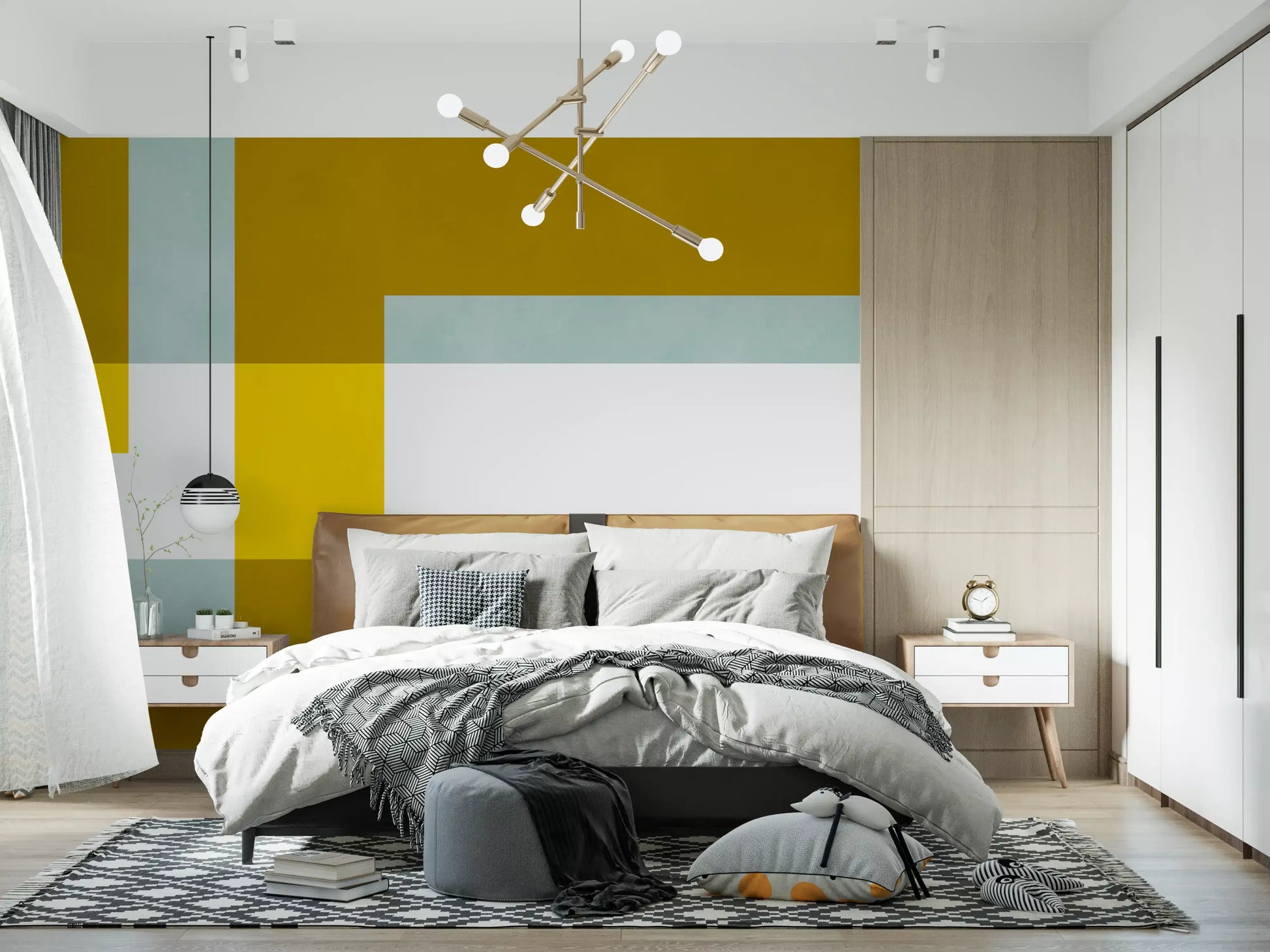 Bedroom wall mural showing Golden Overlap Abstract panels and white spacing