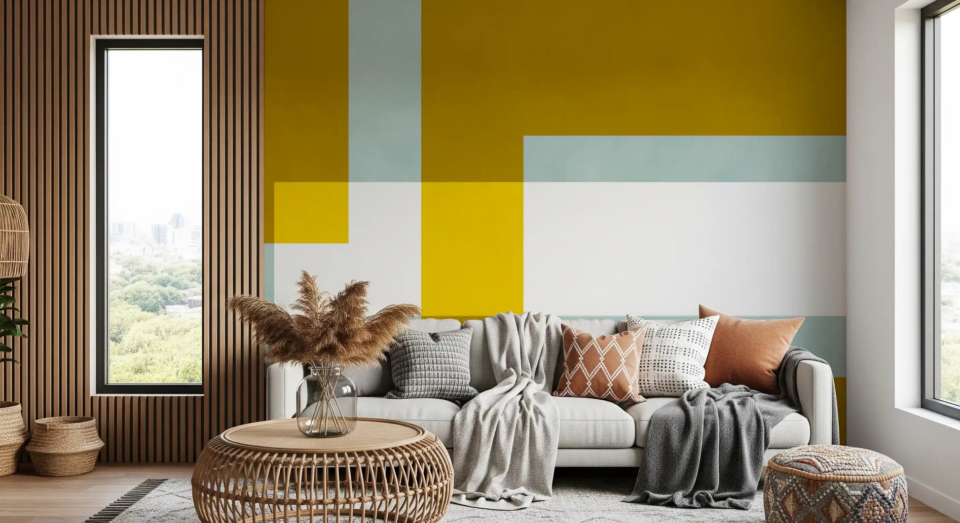 Hallway Golden Overlap Abstract Wall Mural with clean layered rectangles