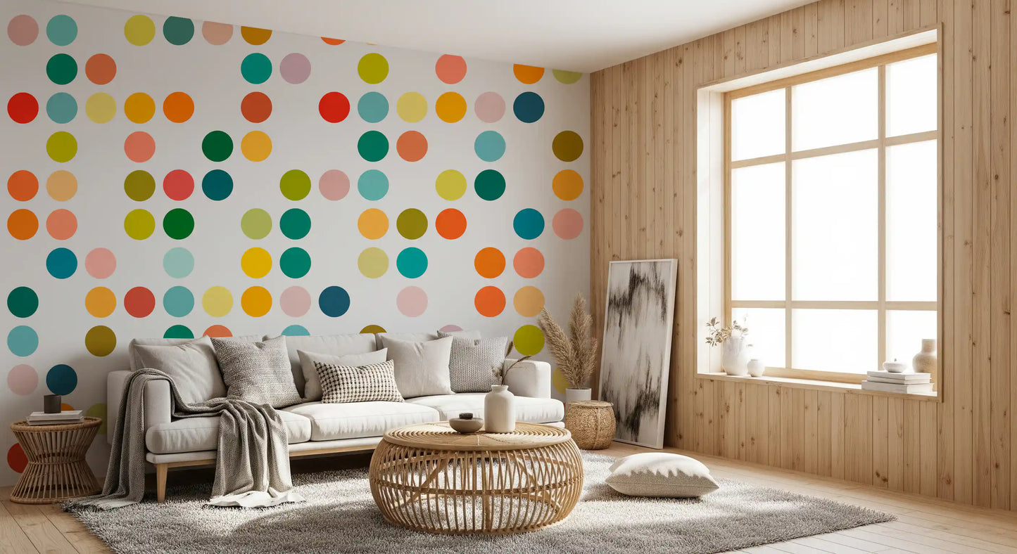 Retro dot wall mural featuring Mid-Century Medley pattern in soft colors