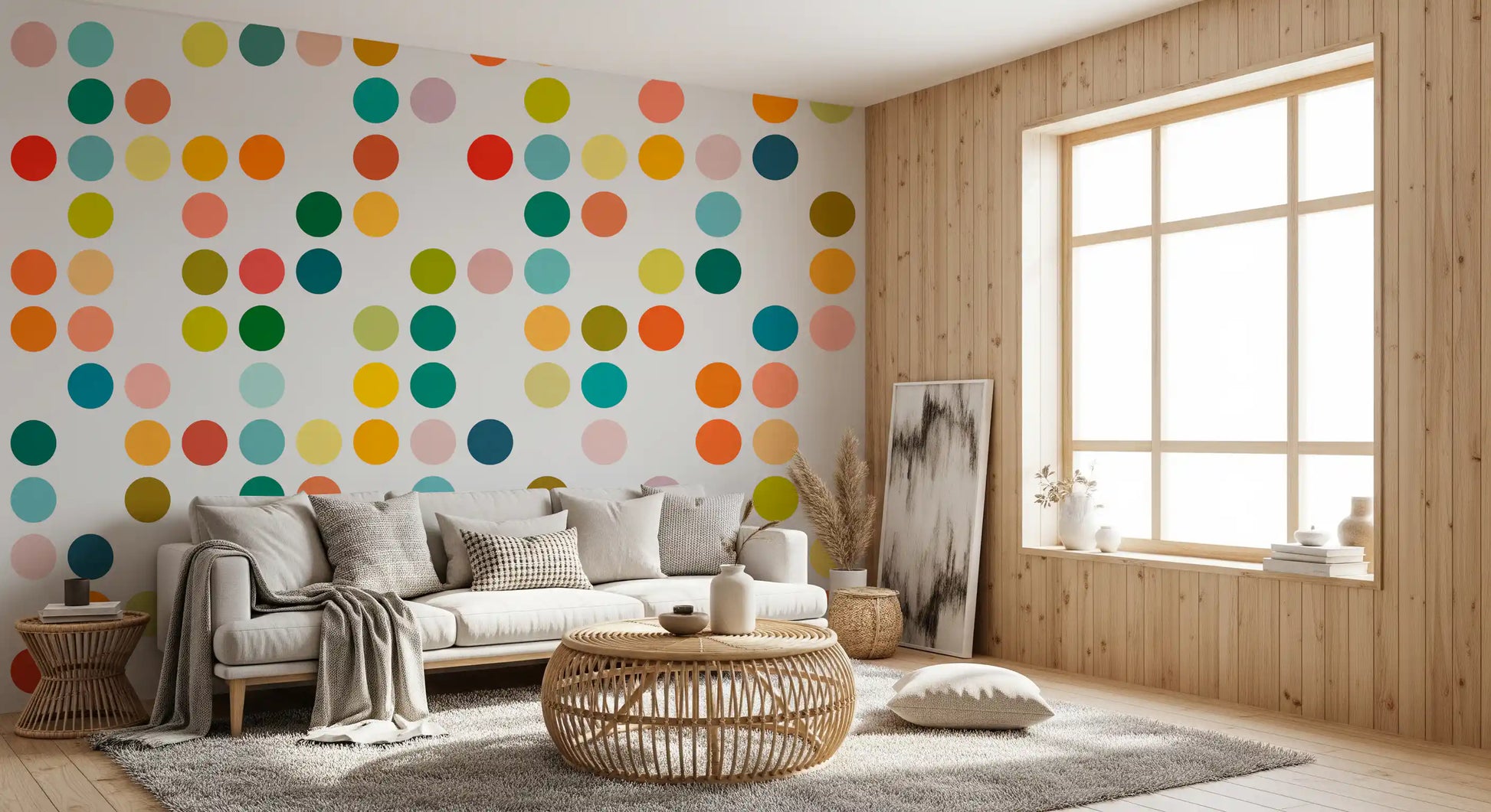 Retro dot wall mural featuring Mid-Century Medley pattern in soft colors