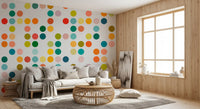 Retro dot wall mural featuring Mid-Century Medley pattern in soft colors