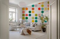 Mid-Century Dot Medley wall mural with bright circles on a pale background
