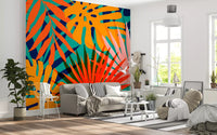 Living room Tropical Pattern Wall Mural with bold coral and blue leaves