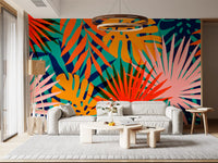 Tropical Pattern Wall Mural with coral, teal, and yellow tropical leaves