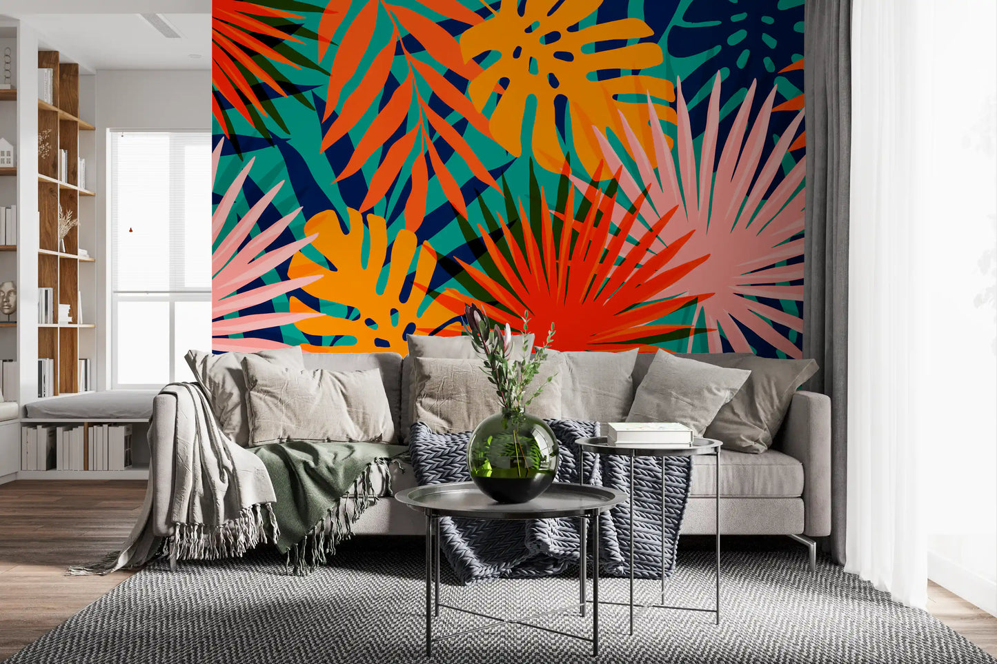 Bold tropical leaf wall mural with bright blue and orange organic shapes