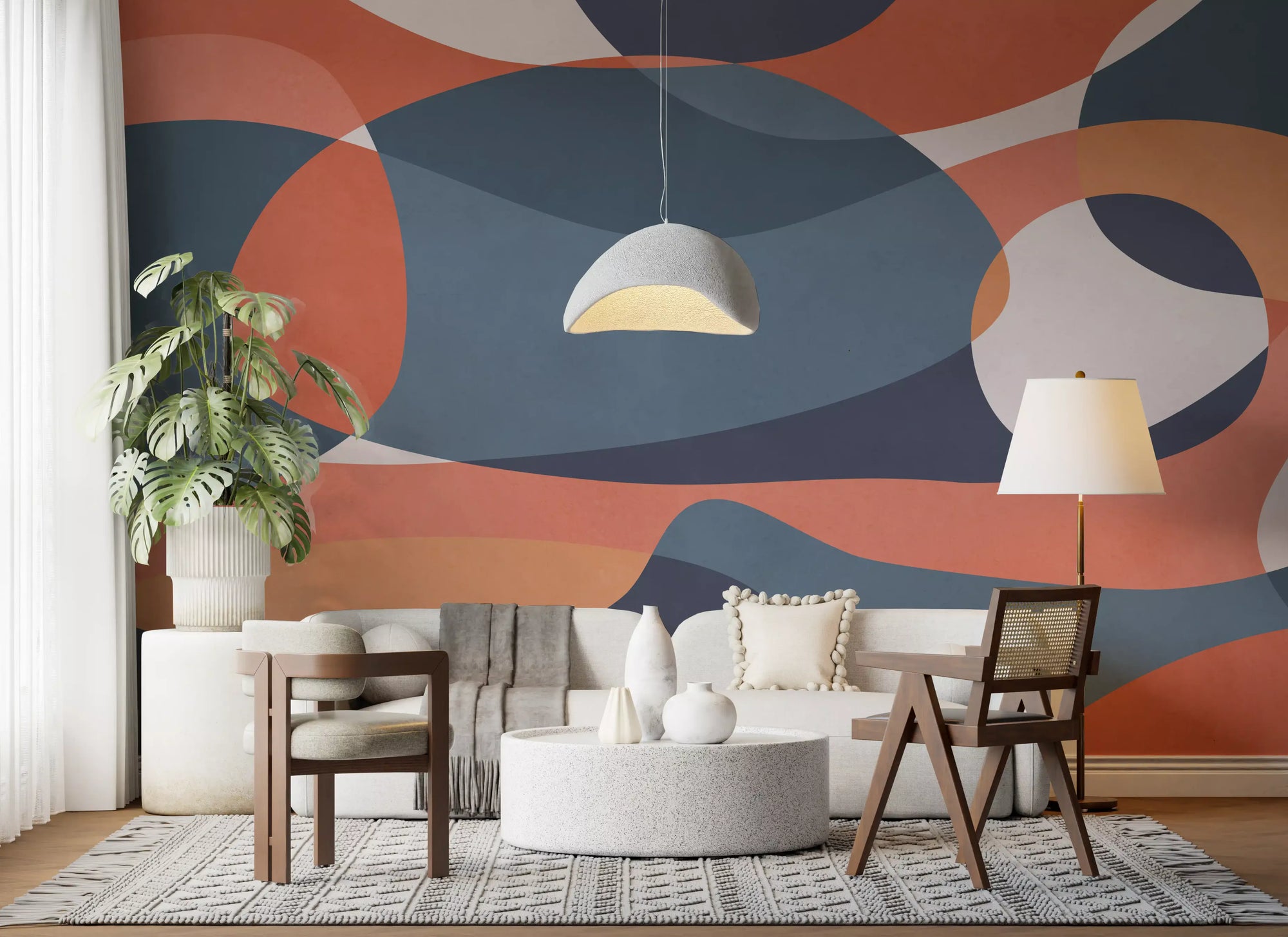 Living room Modernist Earthy Geometry Wall Mural with rounded green blocks