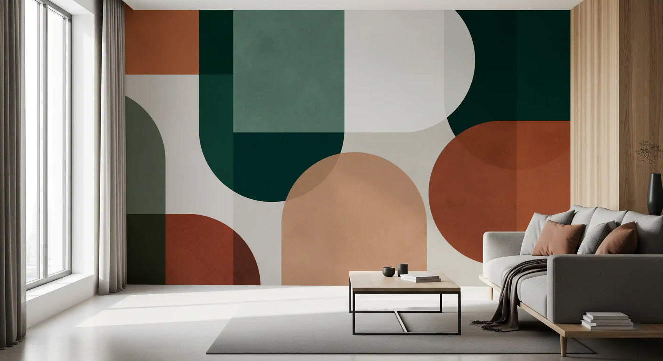 Living room Modernist Earthy Geometry Wall Mural with rounded green blocks