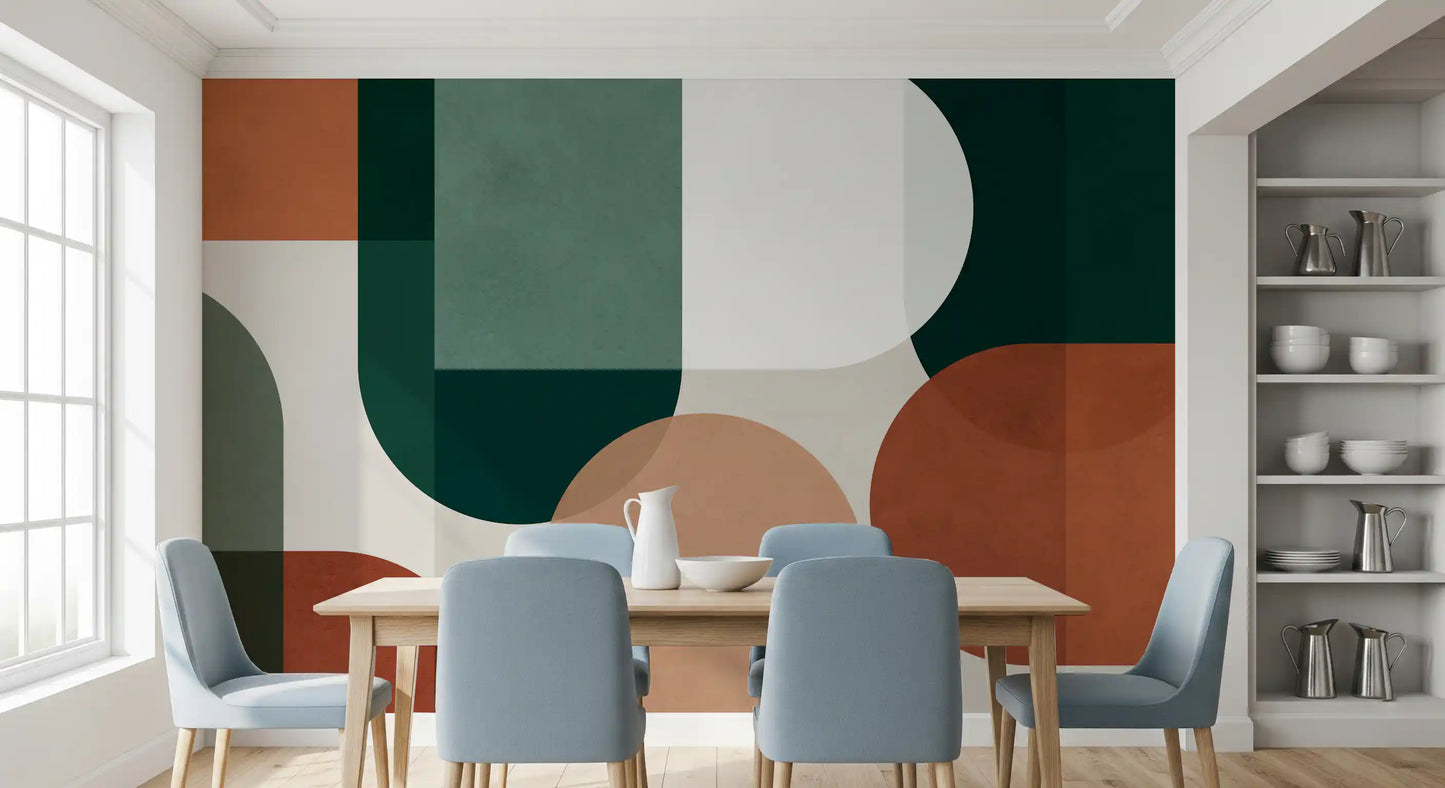Dining area Modernist Earthy Geometry mural with curved panels and white space