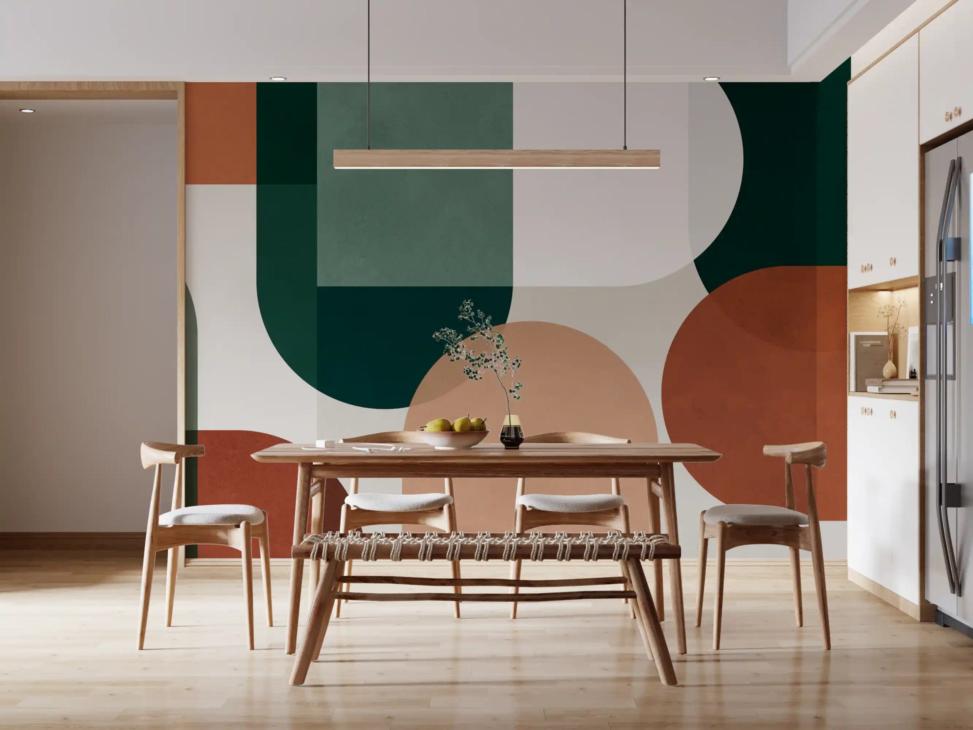 Modernist wall mural showing rounded forms, tan overlays, and deep green panels