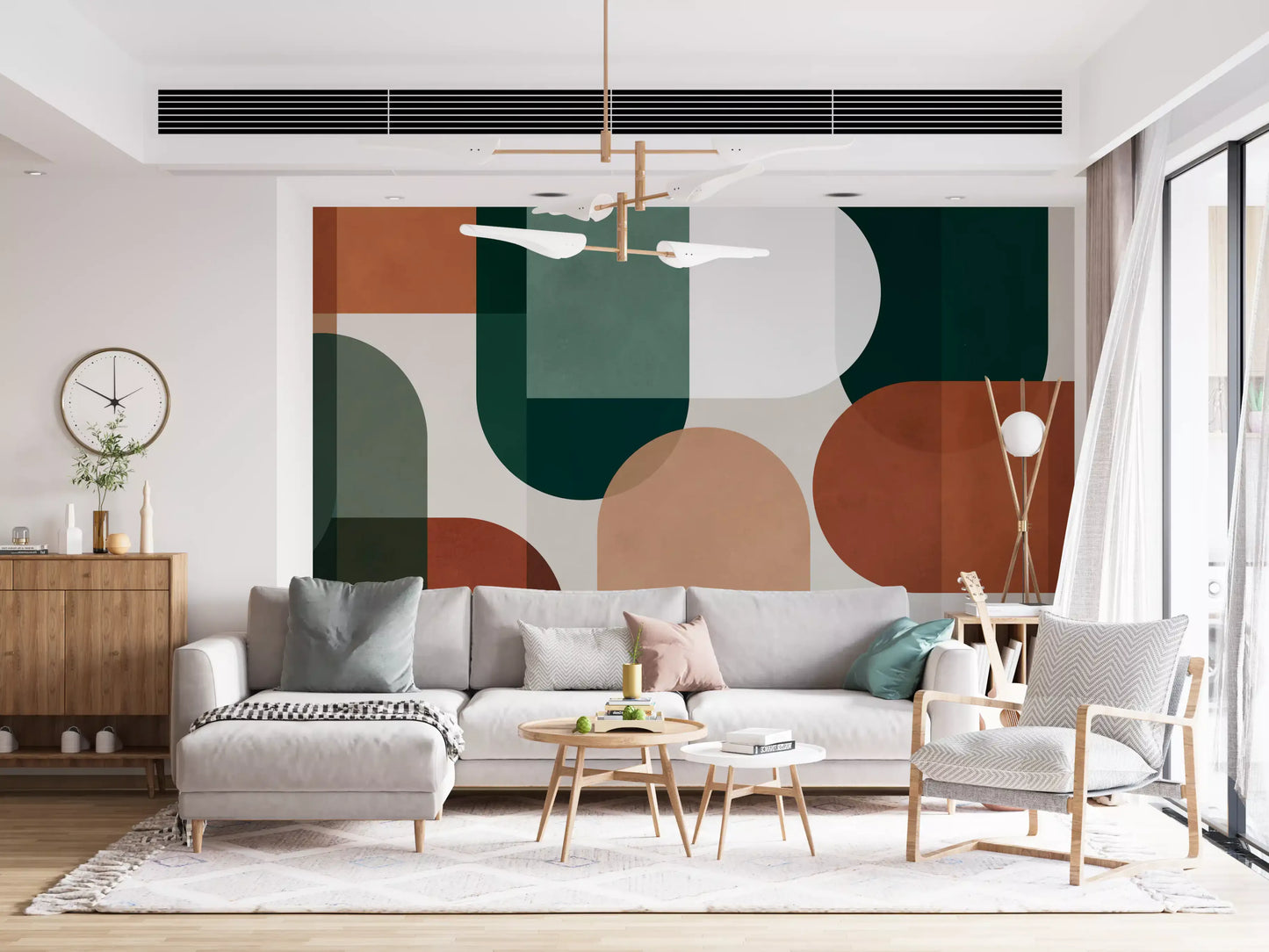 Earthy geometry wall mural with forest green blocks and warm rust sections